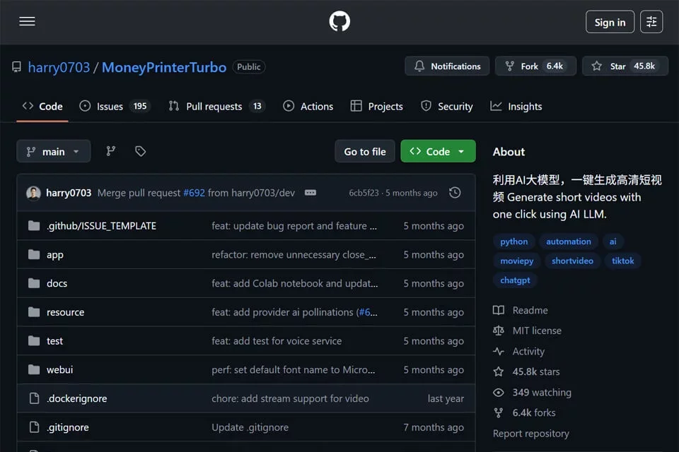 MoneyPrinterTurbo 网站预览图