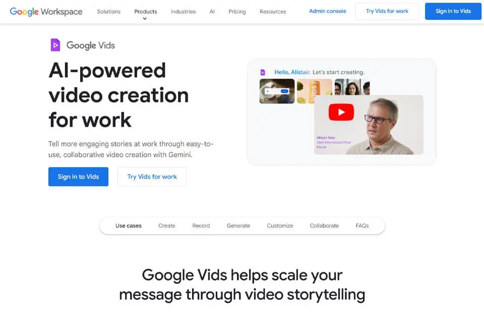 Google Vids 网站预览图